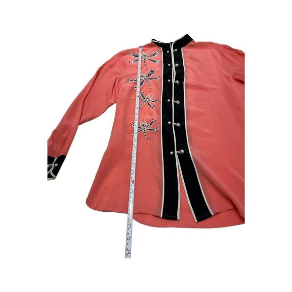 Vtg Bob Mackie Wearable Art Womens S Dragonfly Pink Mandarin Collar Silk Blouse - Picture 6 of 9